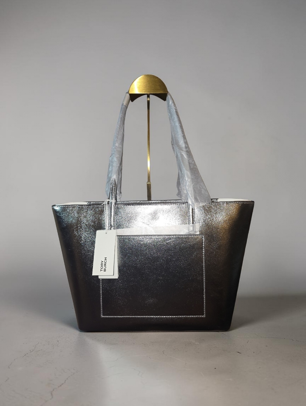 Nwt Tory Burch Metallic Gunmetal Tote - Picture 4 of 13